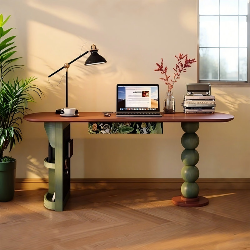 Bureau d'écriture rectangulaire en bois massif 62,99 "brun et vert avec panneau perforé, H 29,53 po x l 62,99 po x P 27,56 po