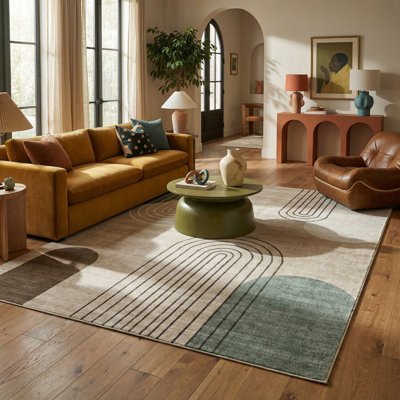 Rug Branch Arlo 5' x 8' (5'3" x 7'7") Beige/Green Abstract Area Rug, Mid-Century Modern, Medium Pile, Stain-Resistant Carpet - Living Room, Bedroom, Dining Room, and Kitchen
