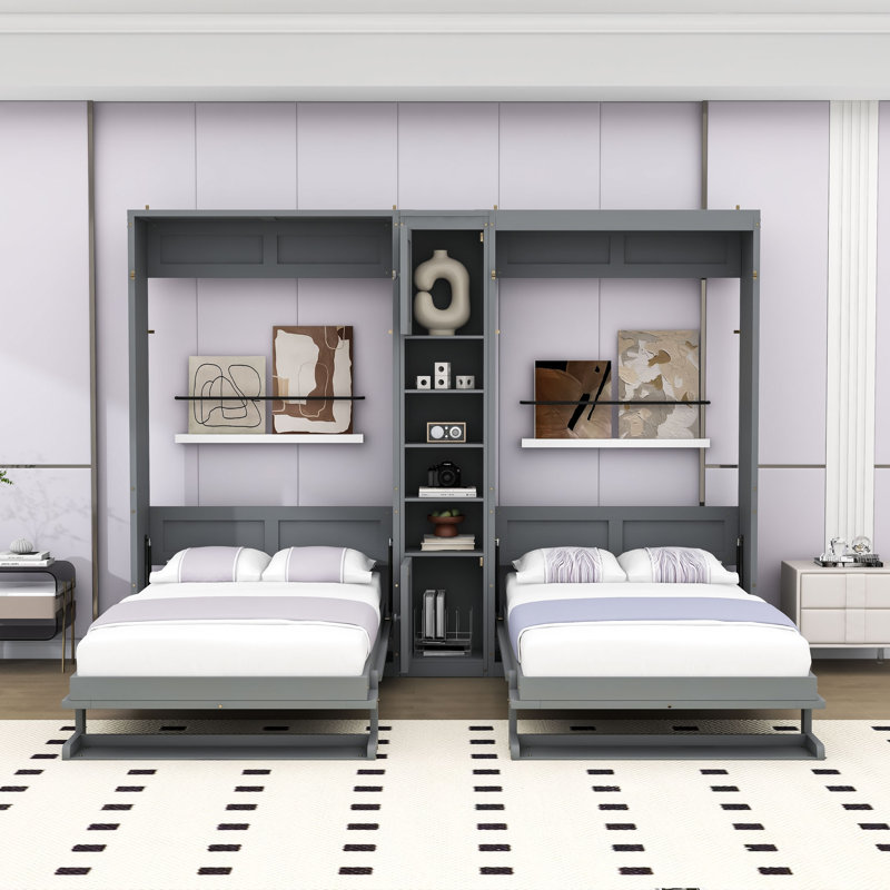 Lit escamotable double en bois avec tablettes et armoires de rangement, Gris