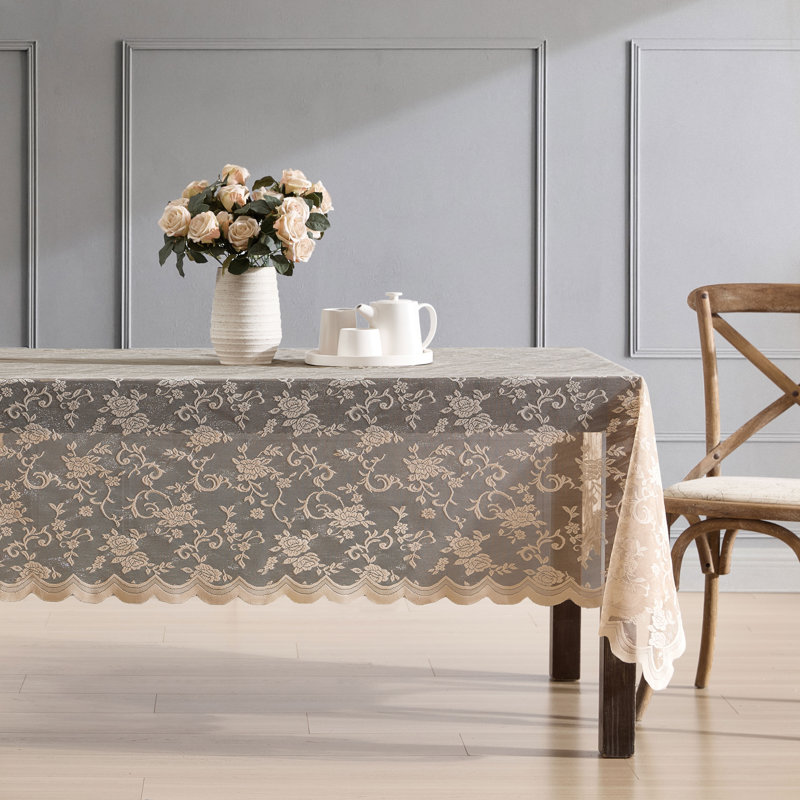 Winston Porter Marlow Floral Lace Fabric Tablecloth, Lace Fabric Table Cloth for Rectangle Tables, Wrinkle Resistant Tablecloth, Patterned Scalloped Tablecloth (60 W x 104 L)