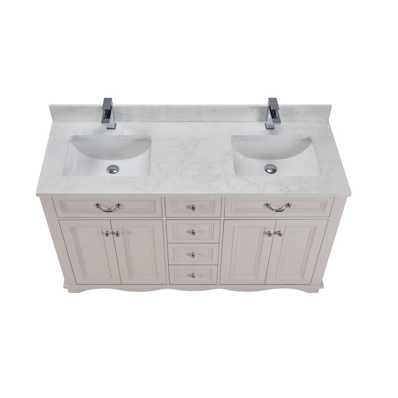 60" Solid Wood Sink Vanity  With 1' Artificial Stone Top, Dreamy White