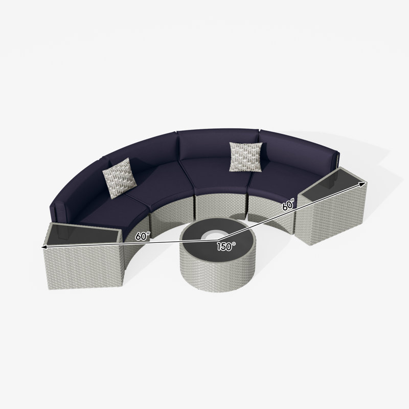 Ensemble de conversation courbé demi-lune pour 4 personnes avec table basse et table d'appoint Meredithe, Bleu marine