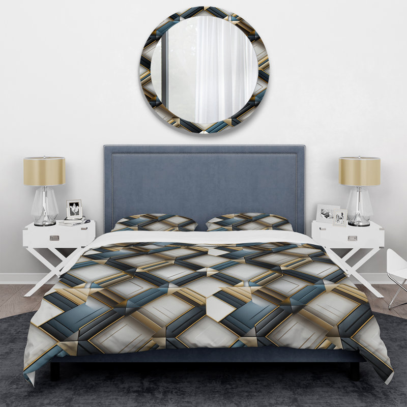 Ensemble de housse de couette en microfibre gris / doré et mosaïque de marbre noir / doré / beige