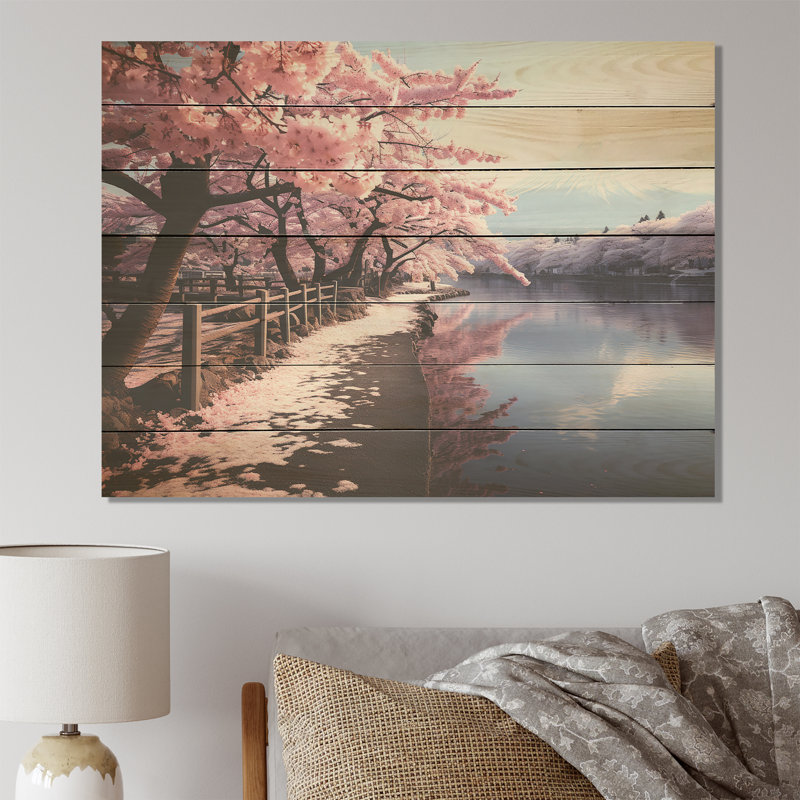 «Cherry Blossum», mont Fuji, reflet du Japon III - montagnes sur bois, H 10 po x l 20 po