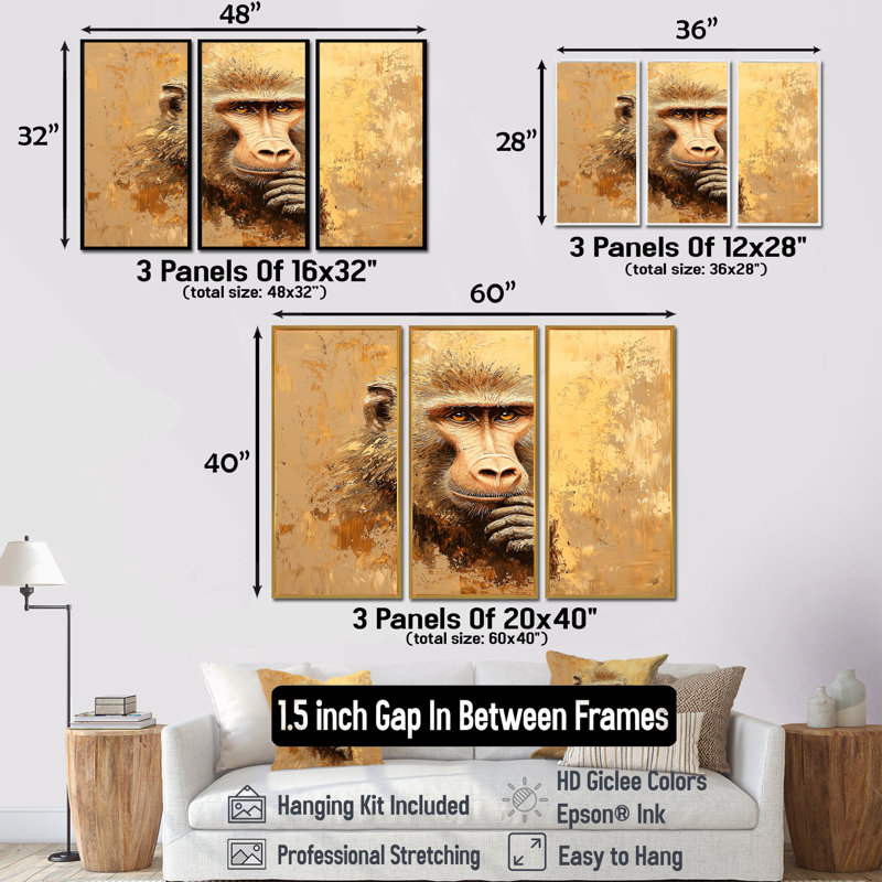 «Intelligent Gaze Of Baboon III», ensemble de reproduction d'art mural singe, Black, Reproduction avec cadre flottant