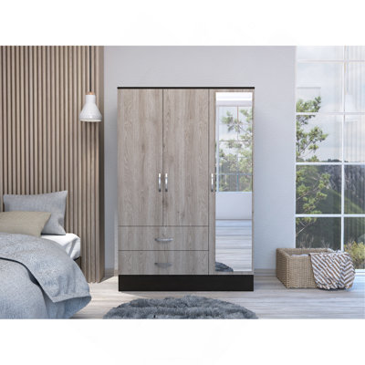 Armoire à miroir Bolton 120, quincaillerie en métal, armoire à deux portes, deux tiroirs, porte simple avec miroir, tringles - multicolore
