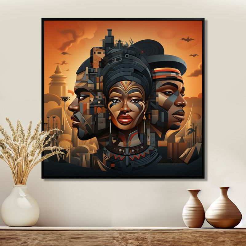 Vision africaine du passé, présent, futur - art mural africain, salon, Cadre flottant noir, H 16 po x l 16 po x P 1 po