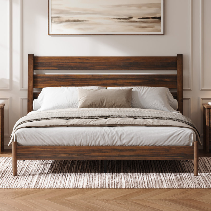 Mid-Century Modern Solid Wood Platform Bed with Slatted Headboard, Kingsize (5'), Brown