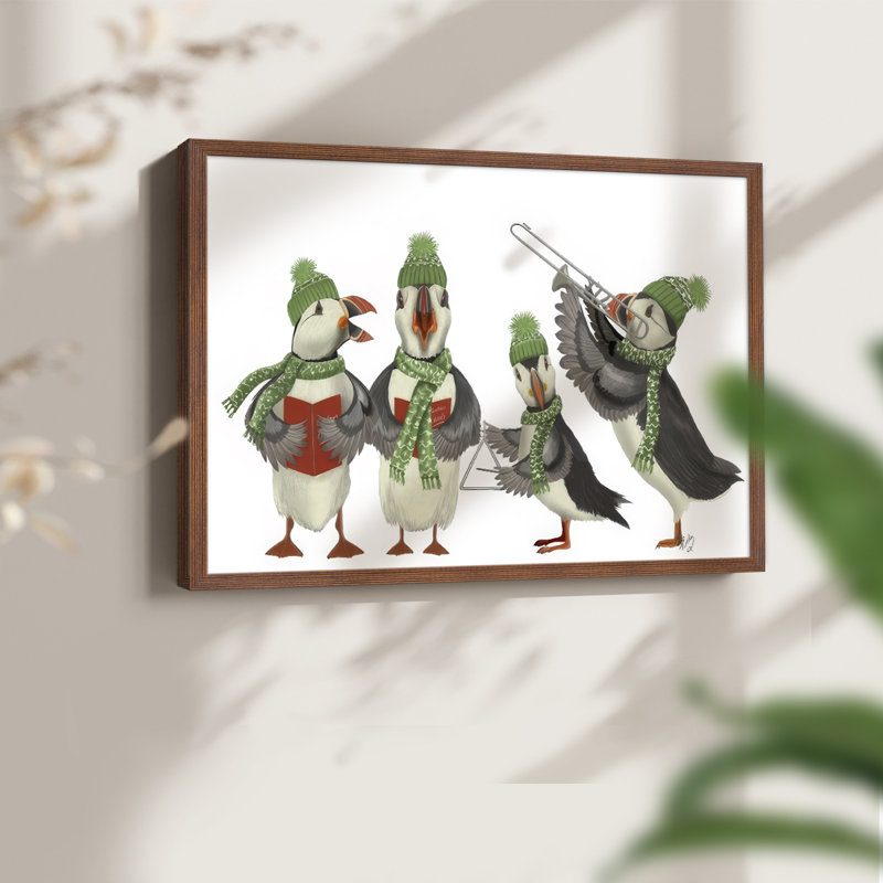 Puffin Quartet -Framed Print - Restickable, 8" H x 10" W, Walnut