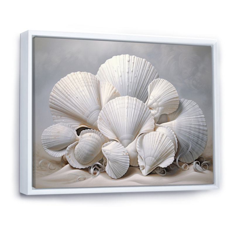 Coquillages blancs monochromes, Cadre flottant blanc, H 34 po x l 44 po x P 1,5 po