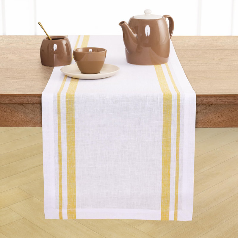 French Stripe - 100% Pure Linen Table Runner, 108" x 14", Yellow/White