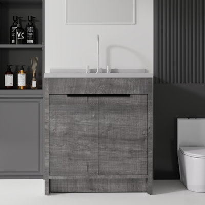 Meuble-lavabo autoportant avec lavabo, porte à fermeture en douceur et comptoir en marbre de culture durable