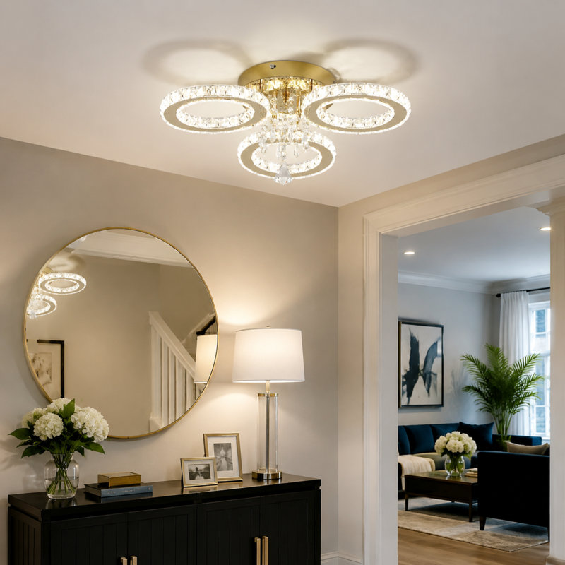 Plafonnier moderne en cristal doré à 3 anneaux avec base en métal et accent de cristal K9, Trois lumières