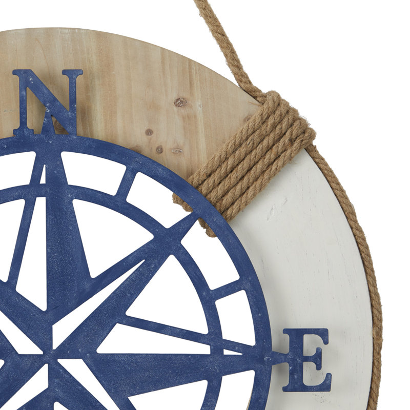 Metal Compass Blue Wall Decor with Rope Hanger