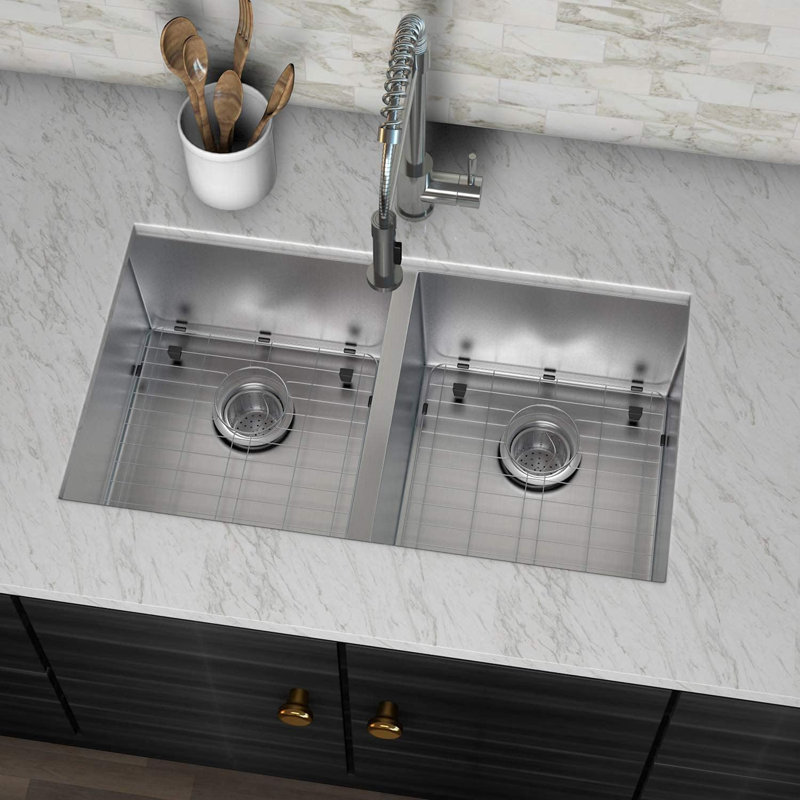 Évier de cuisine 32 "x 19" à double cuve encastrable 50/50 avec finition en acier inoxydable 304 de calibre 16