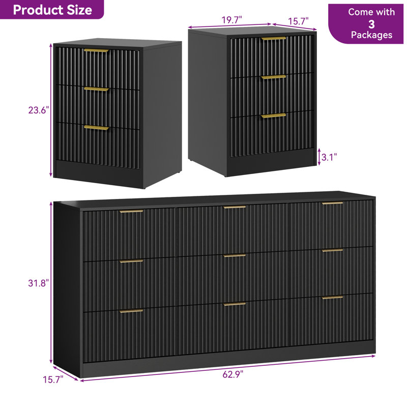3-Piece 9-Drawer Dresser & 3-Drawer Nightstand Set, Black
