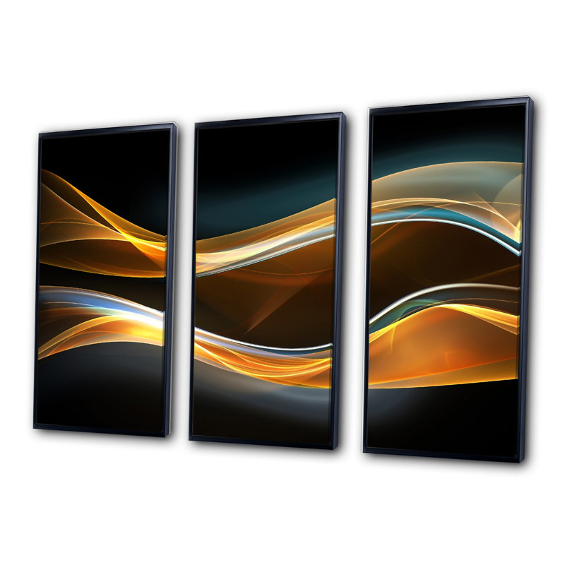 Vagues 3D dorées en noir - ensemble de 3 toiles abstraites encadrées, Cadre noir, H 28 po x l 36 po x P 1 po