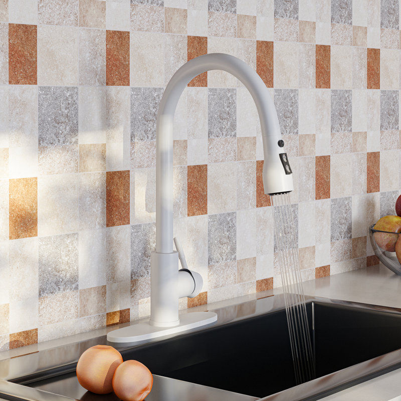 Robinet de cuisine rétractable à poignée simple avec distributeur de savon, Blanc