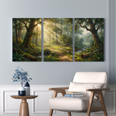 Ensemble de 3 toiles murales représentant un paysage de forêt enchantée, pour la décoration du salon et de la chambre.