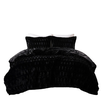 3 Pcs Black King/ King Solid Faux Fur Comforter With 2 Shams, , Box Sewn For Fill Retention , End - To Sewn, Tumble Dry Low Heat Separately