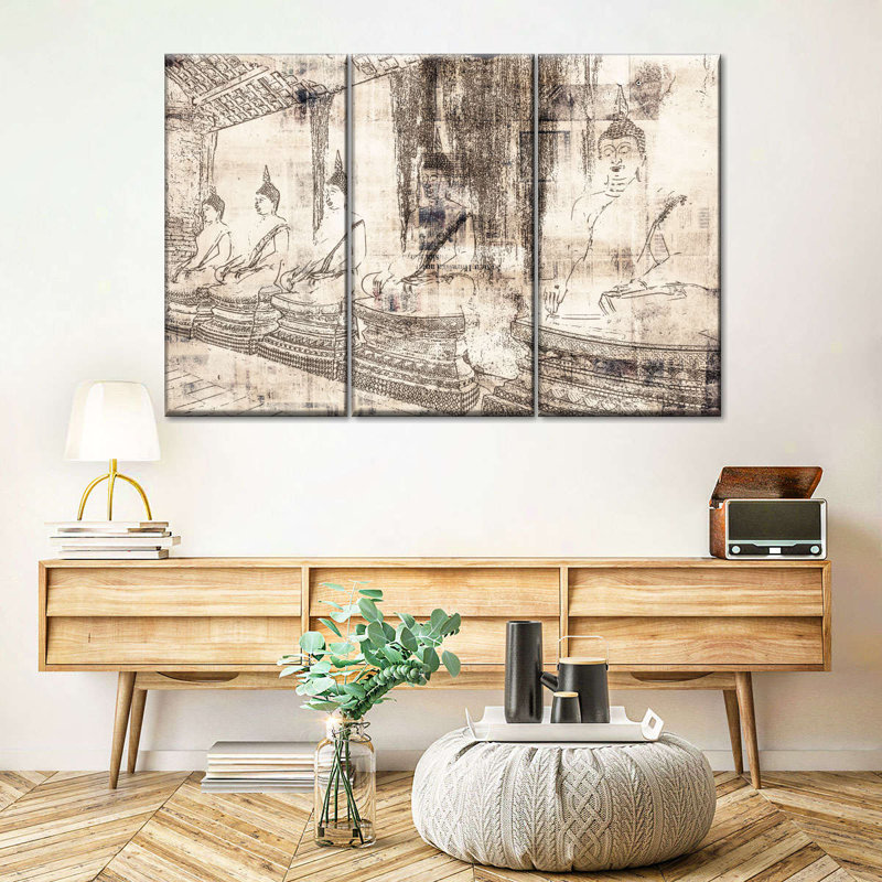 Ensemble vénérable de bouddhas sur toile 3 pièces, H 48 po x l 74 po x P 1,25 po