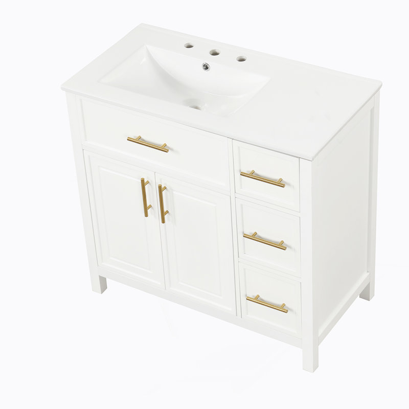 Meuble-lavabo de salle de bain avec comptoir, meuble-lavabo avec deux portes et trois tiroirs, bois massif