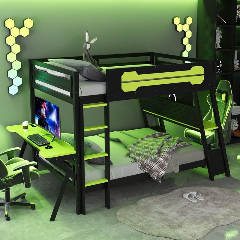 Full Bunk Bed with Dual Built-In Gaming Desks, USB Ports & Pegboard Organizer, Gamer Bunk Frame, Green, Full, Green