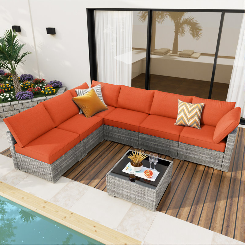Ensemble de conversation pour 6 personnes, ensemble de conversation modulaire en rotin et osier avec coussins, ensemble de conversation pour canapé toutes saisons avec table basse pour jardin