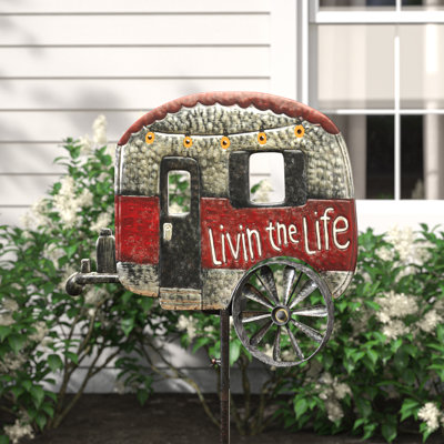 Vintage Wanderlust: 63-Inch Solar Lighted "Livin the Life" Camper Yard Stake with Kinetic Wind Spinner