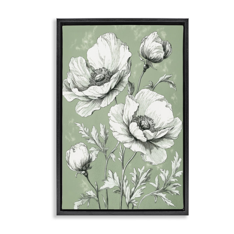 Cadre flottant floral vert pâle doux, design par Petal Prints Design, H 25 po x l 17 po, Cadre flottant noir de jais