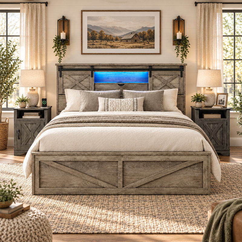 3-Pieces Bedroom Sets ,Farmhouse Bed Frame Queen Size With LED Lights And Charging Station,Nightstands Set Of 2 With 2-Drawer