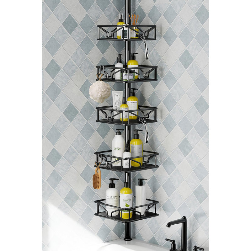 Adjustable Five-Tier Corner Shower Shelf With Hooks And Rust-Proof Pull-Out Brackets, 62-113 Inch Storage Rack