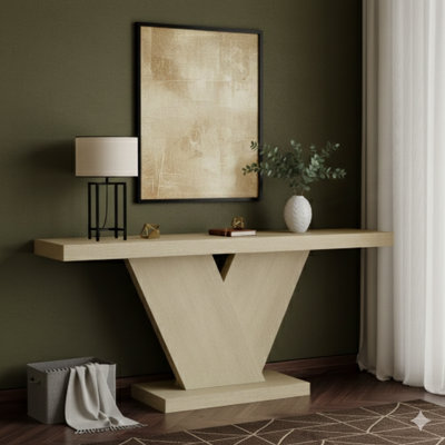 Console moderne de 66 pouces de long à pieds en X en placage de bois massif, table d'entrée ou de couloir robuste pour espaces compacts, table de chevet étroite de style Mid-Century avec design géométrique et plateau large, en chêne délavé