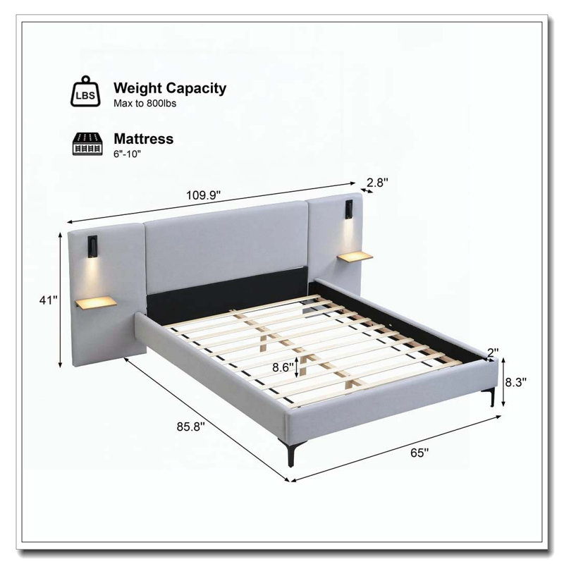 Lit tapissier en lin avec lumières et tablettes intégrées, Grand