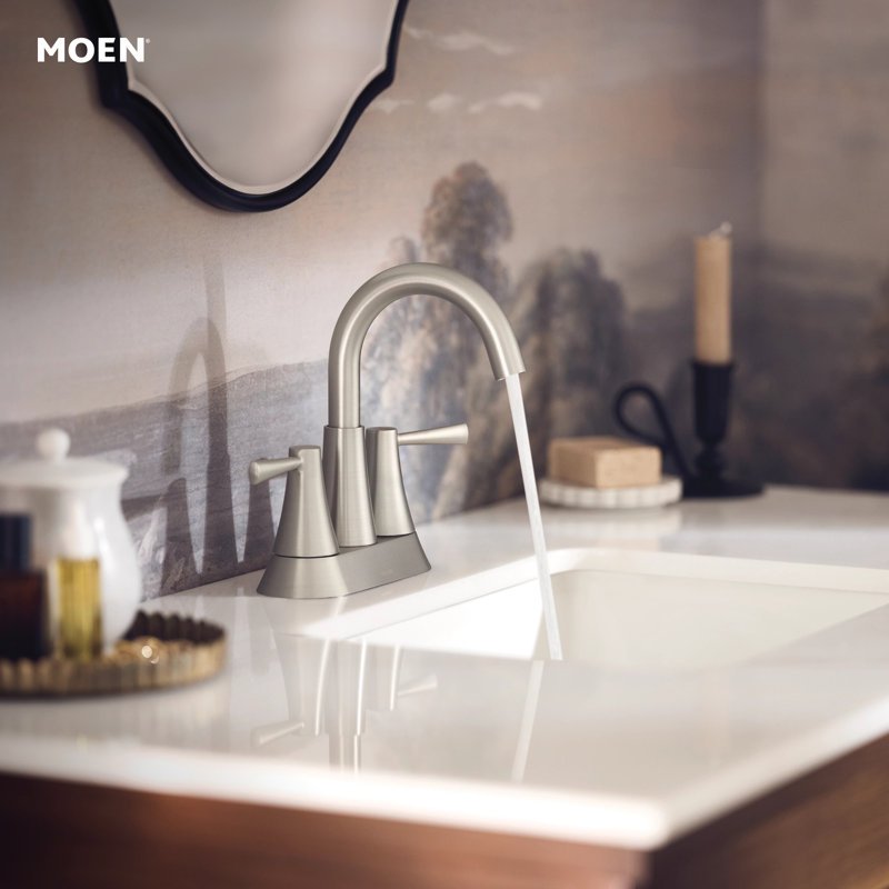 Moen Ronan Two-Handle 4" Centerset Modern Bathroom Faucet with Push-Down Drain, Spot Resist Nickel
