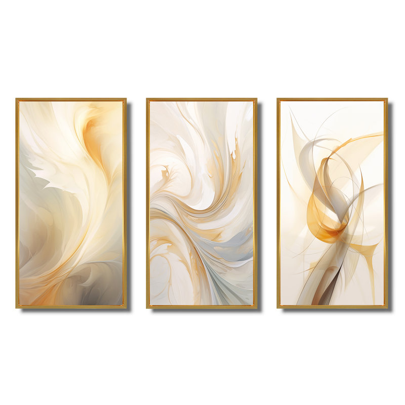 Tender Whirling White Illustration - Abstract Spirals Art Set Of 3 Pieces, Cadre flottant doré, H 40 po x l 60 po