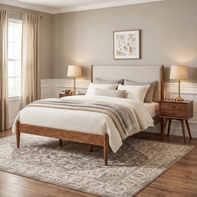 Lit capitonné de style Mid-Century, format Queen - Finition noyer foncé