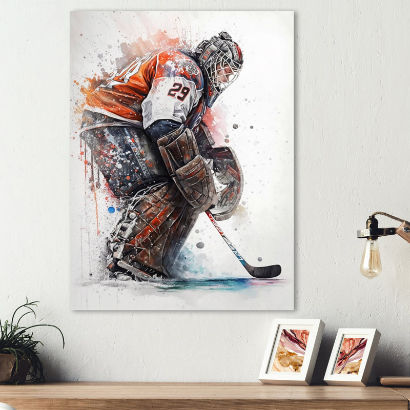 Gardien de but pendant le match de hockey IV - Impression sur toile, H 20 po x l 12 po x P 1 po, Toile tendue