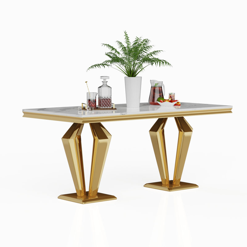 Leeanna Faux Marble Top Metal Base Dining Table, White, Gold