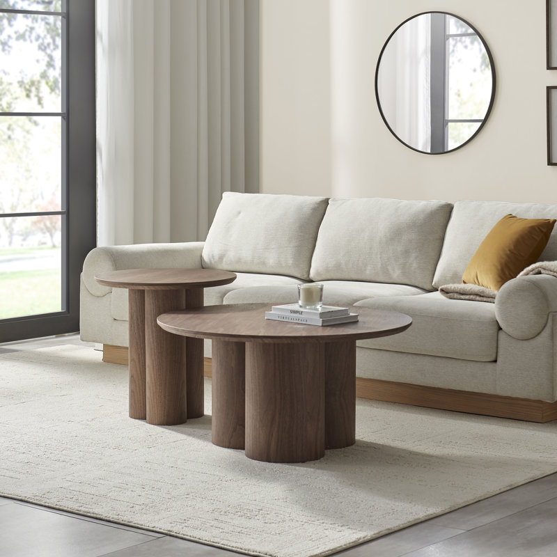 Delshawn Pebble Shaped Pillar Legged Round Veneer Wood Coffee Table - Luxury Scandi Style, Walnut