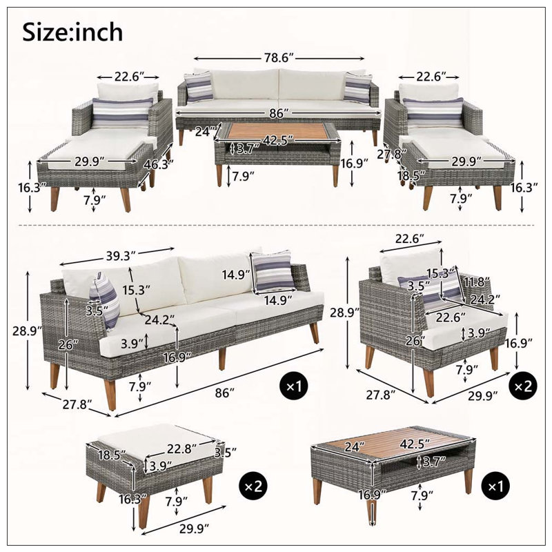 Ensemble de canapé en osier 6 pièces 6 pièces avec coussins doubles et housse de table, Gris/beige