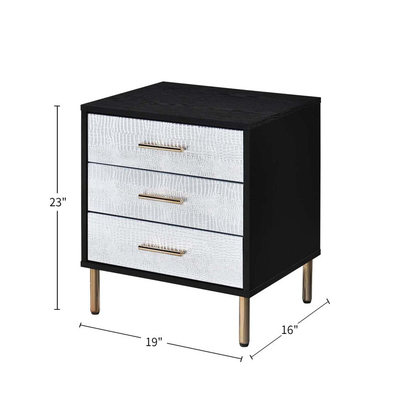 Table de chevet 3 tiroirs avec pieds en métal et design pour chambre à coucher moderne en argent doré