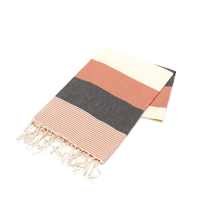 Serviette de plage 100% coton Clery, Corail / écru / Noir