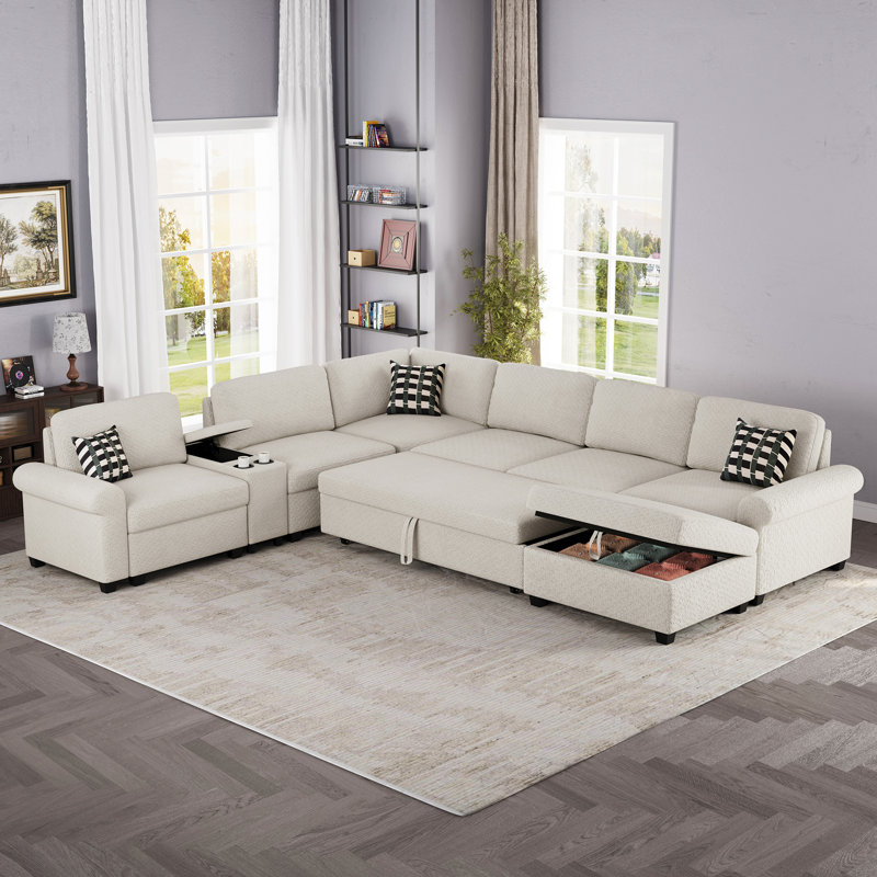Upholstered Chenille L-Shaped Oversized Modular Sectional Sofa With Recessed Storage Armrests, Beige Chenille