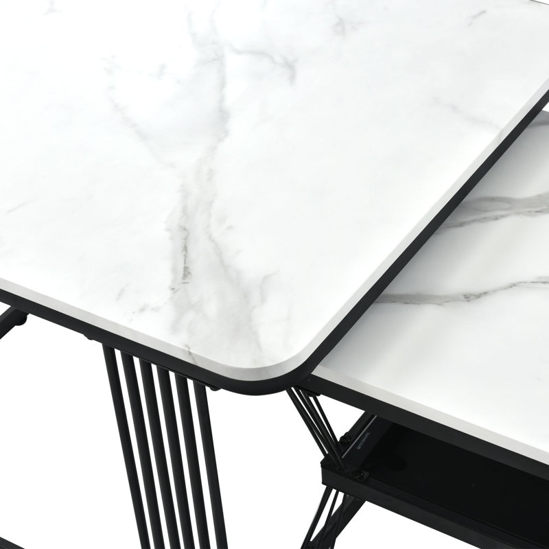 Nest of 2 Tables Square Coffee Table Set with Marble Effect White Top & Black Metal Frame