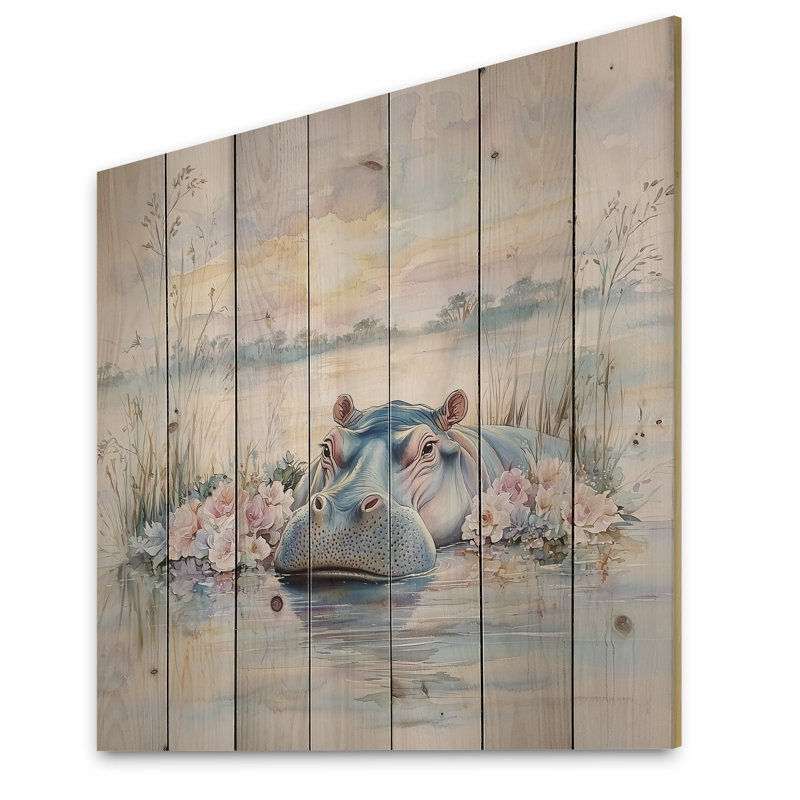 Fleur hippopotame au coucher du soleil - Art mural moderne sur bois de pin naturel, H 15 po x l 15 po