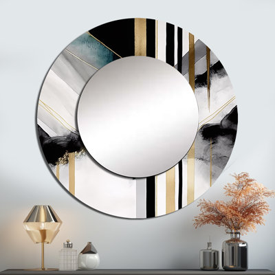 Prithika abstrait géométrique géométrique noir et or I - miroir mural unique géométrique, miroir rond moderne, art imprimé en métal