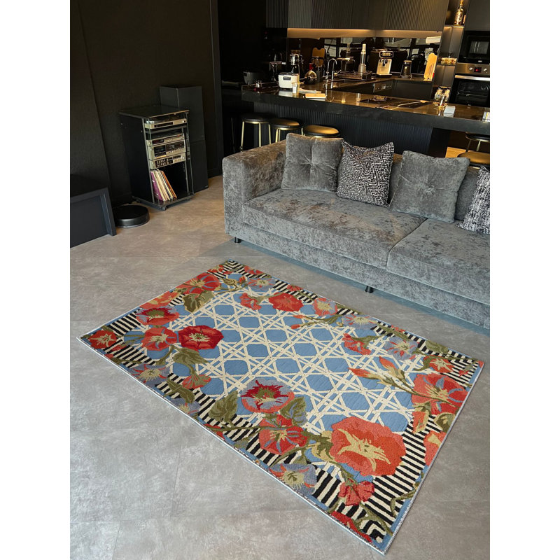 Tapis bleu tissé à motif coquelicot, Rectangle 3 pi 9,81 po x 4 pi 11,06 po
