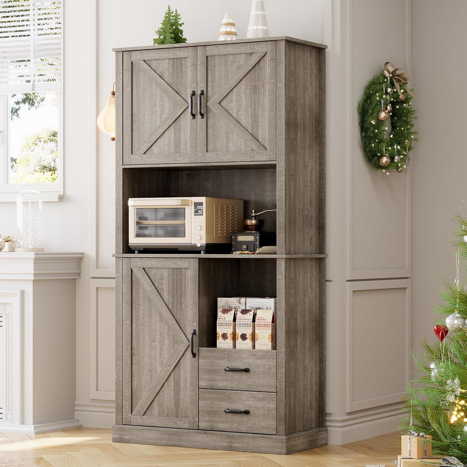 Gracie Oaks Modern Kitchen Pantry Cabinet With Microwave Stand, Tall Hutch Bar Cabinet With ...