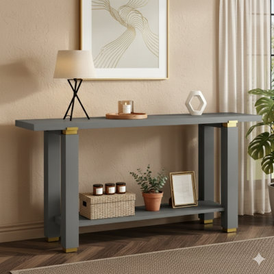 62.9-Inch Contemporary Minimalist Hall Table, Solid Timber Entryway Or Sofa Console With Metallic Highlights And Integrated Lower Shelf, For Living Spaces And Hallways